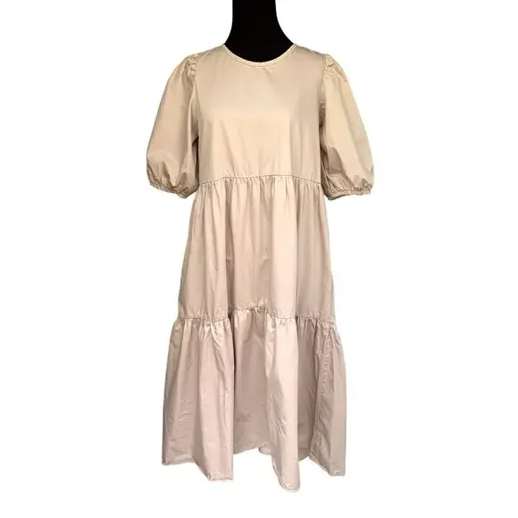 ZARA Cotton Puffed Sleeve Cotton Tiered Ruffle Blush Maxi Dress Size Medium - Picture 2 of 7